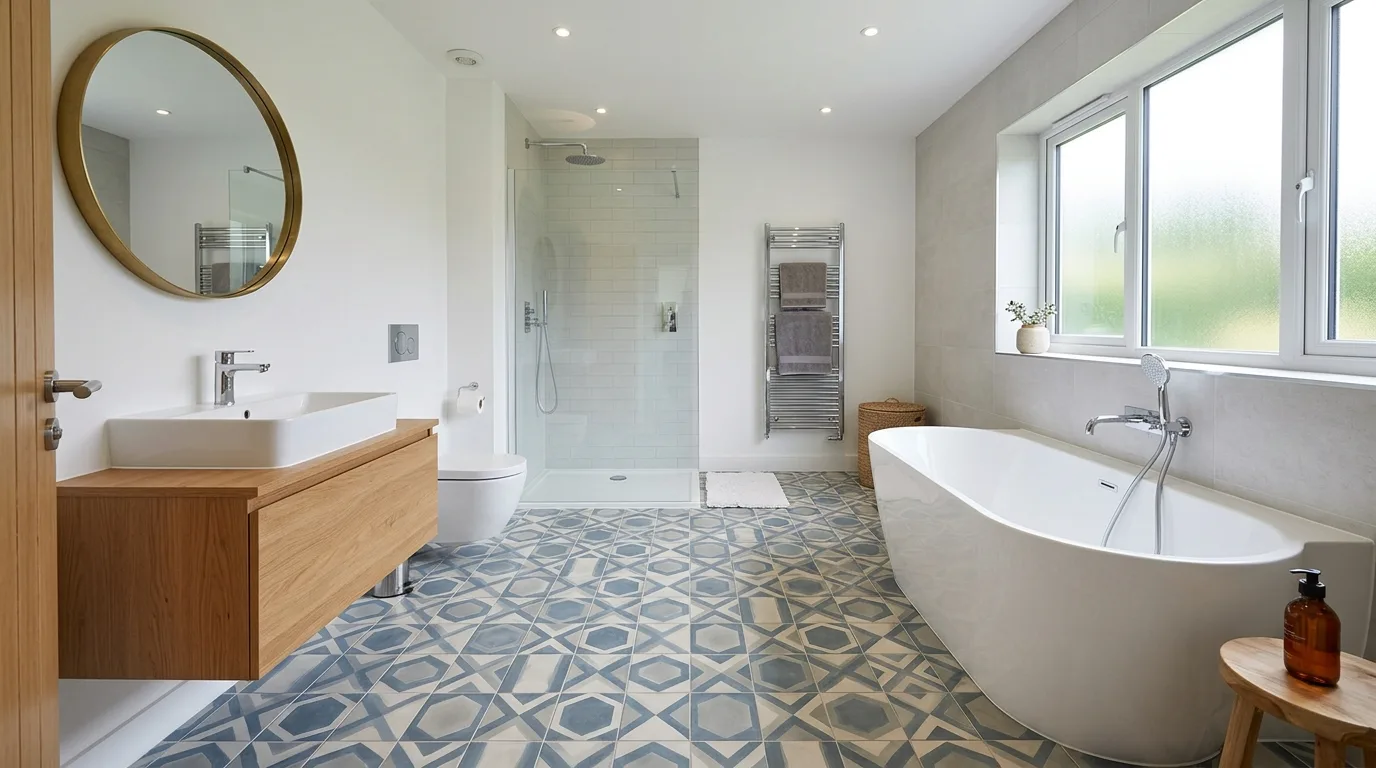 Use encaustic pattern on the floor inspiration for a tiled bathroom.